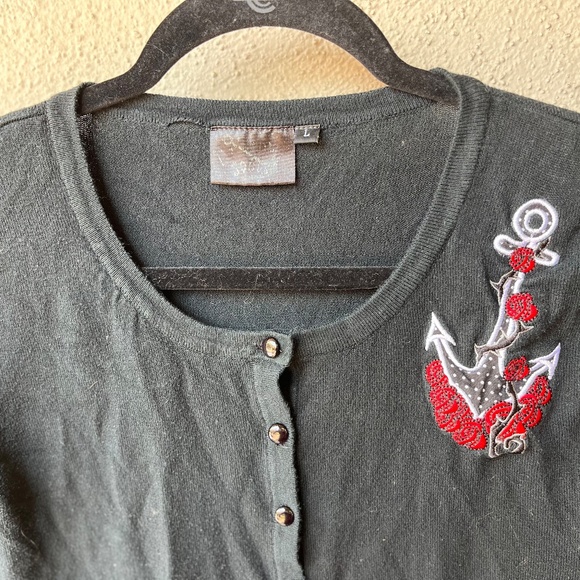 Lucky Thirteen Rockabilly Button-up CardiganSweater Embroidered Anchor L black - Picture 3 of 10